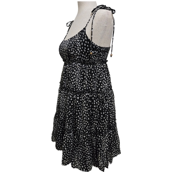 Black And White Leopard Print Tiered Dress Sleeveless Metallic Threading Medium - Picture 4 of 16